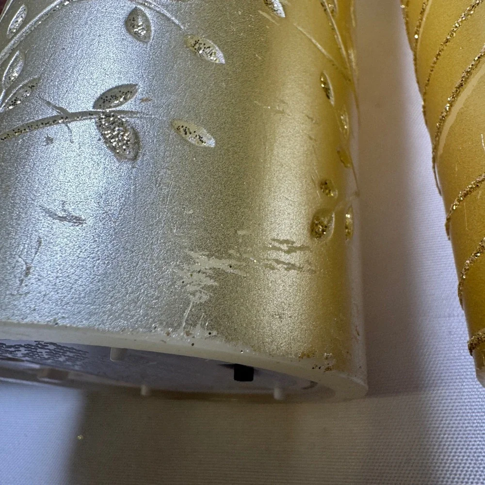 Gold Flameless LED Pillar Candle Set of 5 Glitter Tree & Textured Metallic Decor